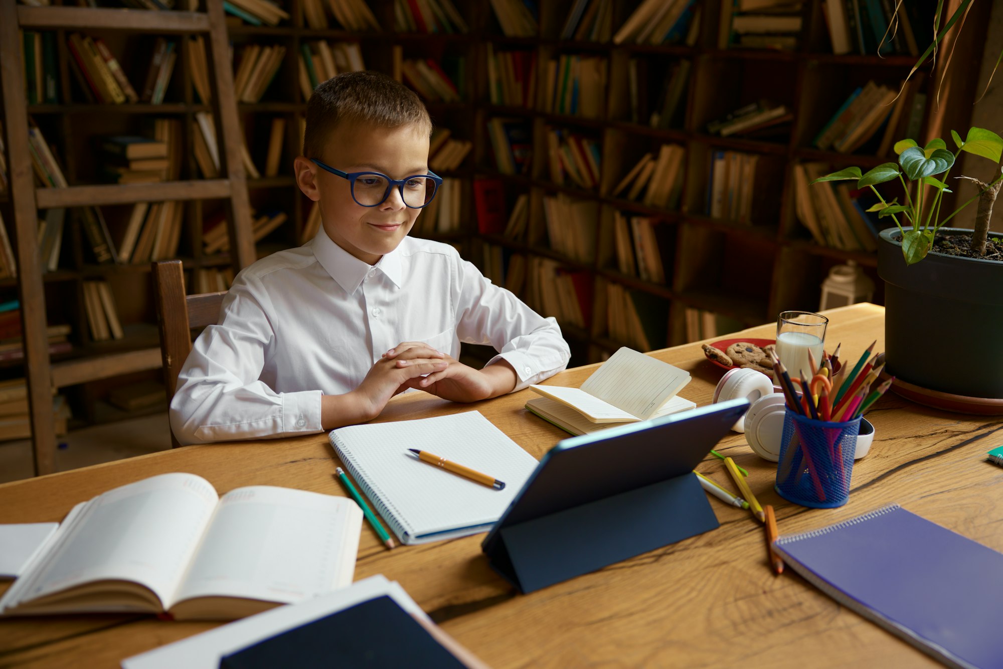 Cute smart boy schoolchild studying online using electronic device for learning